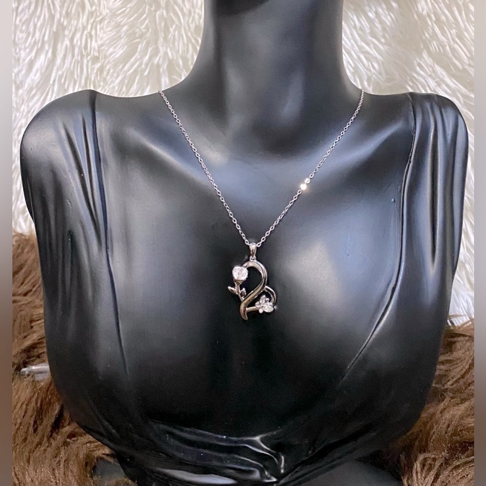 925 Sterling Silver Heart Rose Butterfly Pendant Necklace with Crystal Accents - Picture 8 of 15